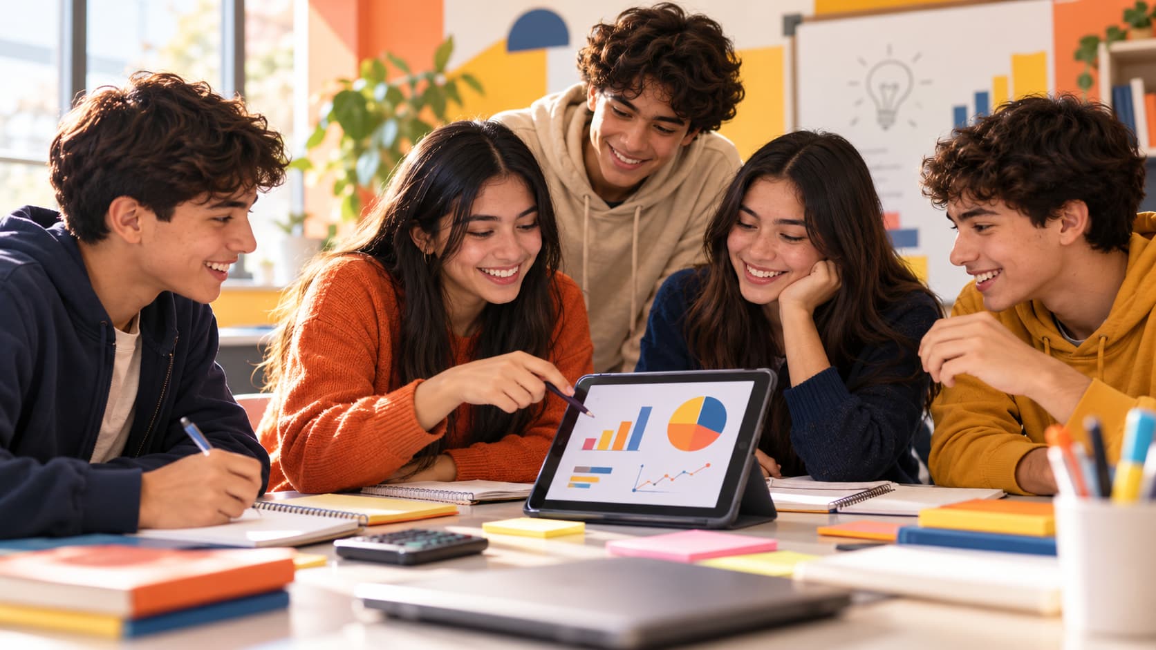Estudiantes de enseñanza media participando en una actividad colaborativa de educación financiera con tablet, cuadernos y gráficos
