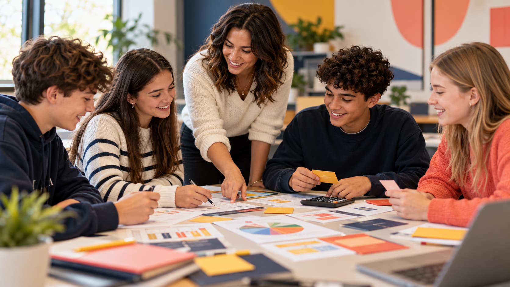 Grupo de estudiantes de enseñanza media trabajando con materiales de 
          educación financiera en una mesa colaborativa